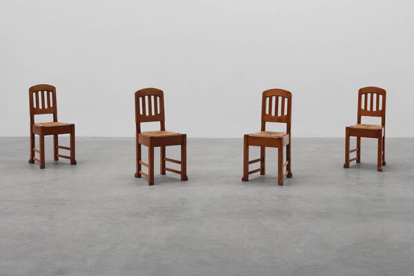 Ensemble de 4 chaises de salle à manger Art Déco en chêne et osier, Belgique, 1915