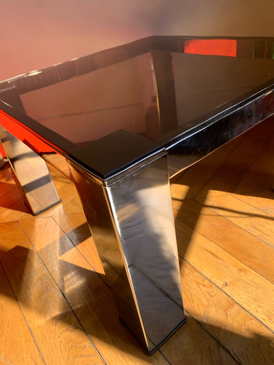 Chromed metal and smoked glass coffee table, 1980s.