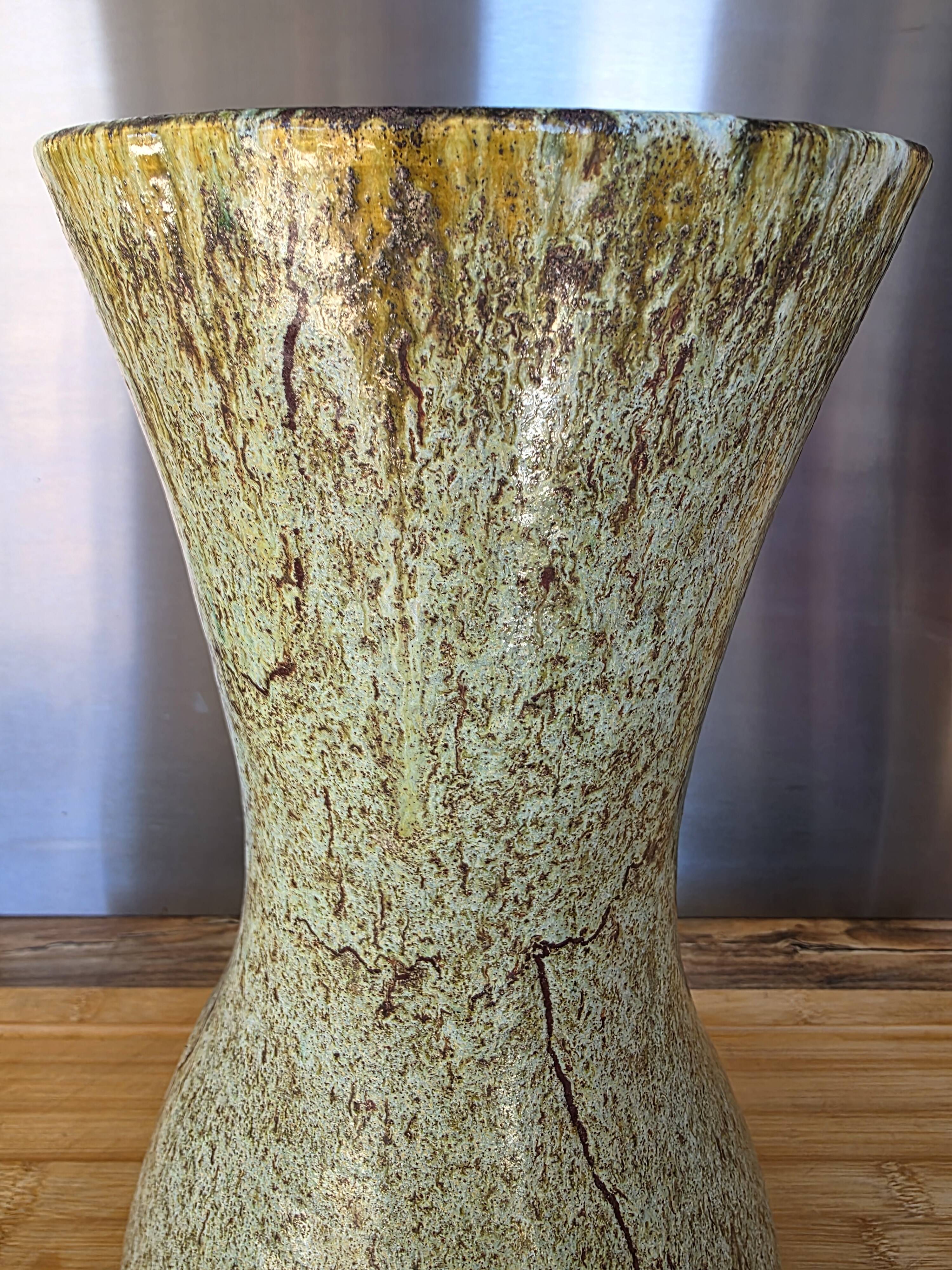 Large baluster vase from Accolay – Water green & ochre marbled enamel – 35 cm