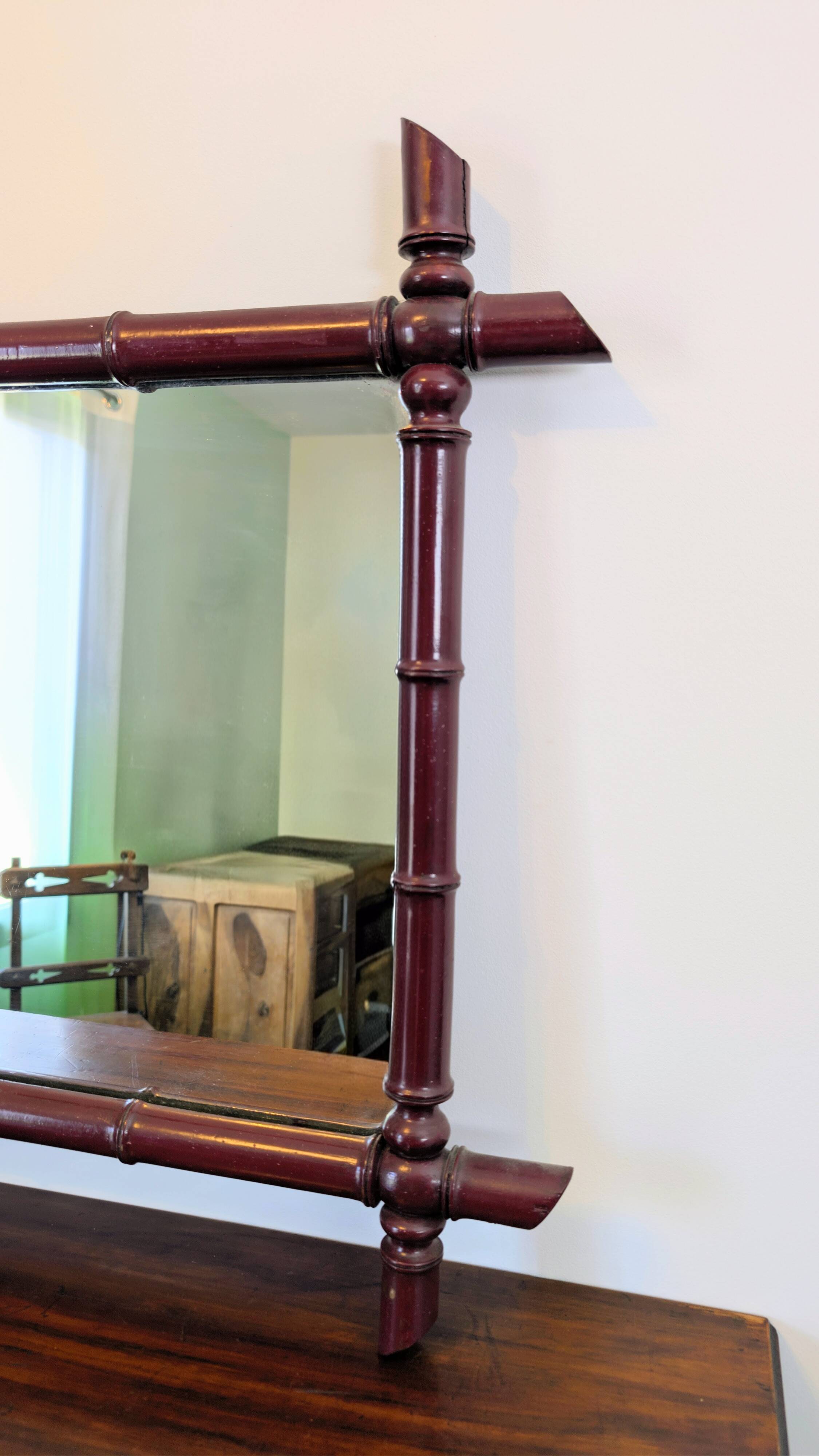 Vintage mirror with a bamboo effect in burgundy, chic exotic style - 79 x 64 cm
