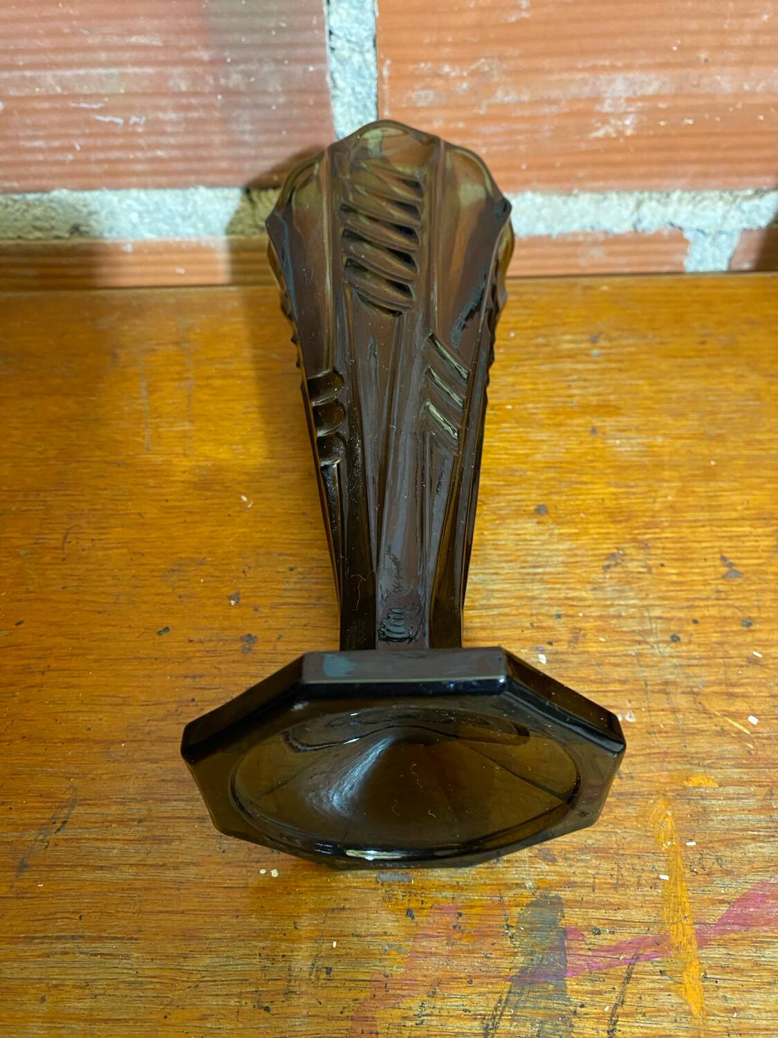 Antique Art Deco Smoked Grey Molded Glass Vase Vintage Decoration