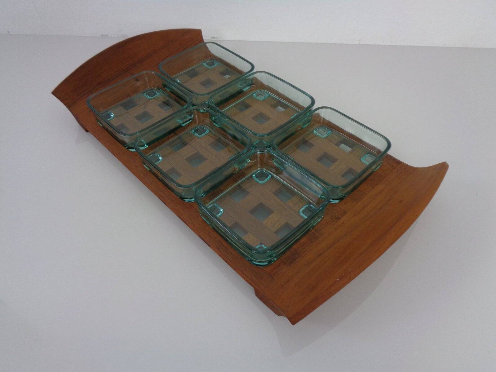 Teak tray with glass bowls by Jens Quistgaard for IHQ Dansk Designs, 1960s, set of 7.