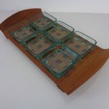 Teak tray with glass bowls by Jens Quistgaard for IHQ Dansk Designs, 1960s, set of 7.
