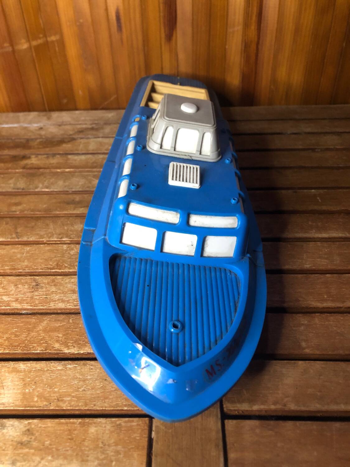 Old Toy Boat Sheet Metal MS Helgoland A Remontoir 1950 Vintage #A599