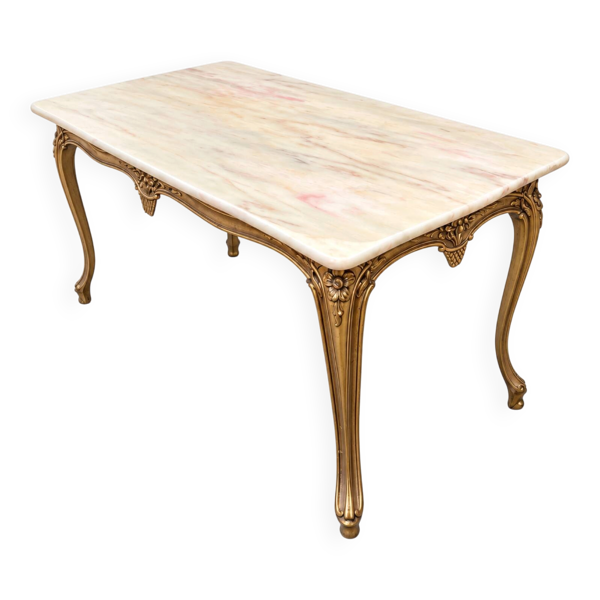 Table basse Louis XV en bronze doré avec plateau en marbre blanc veiné