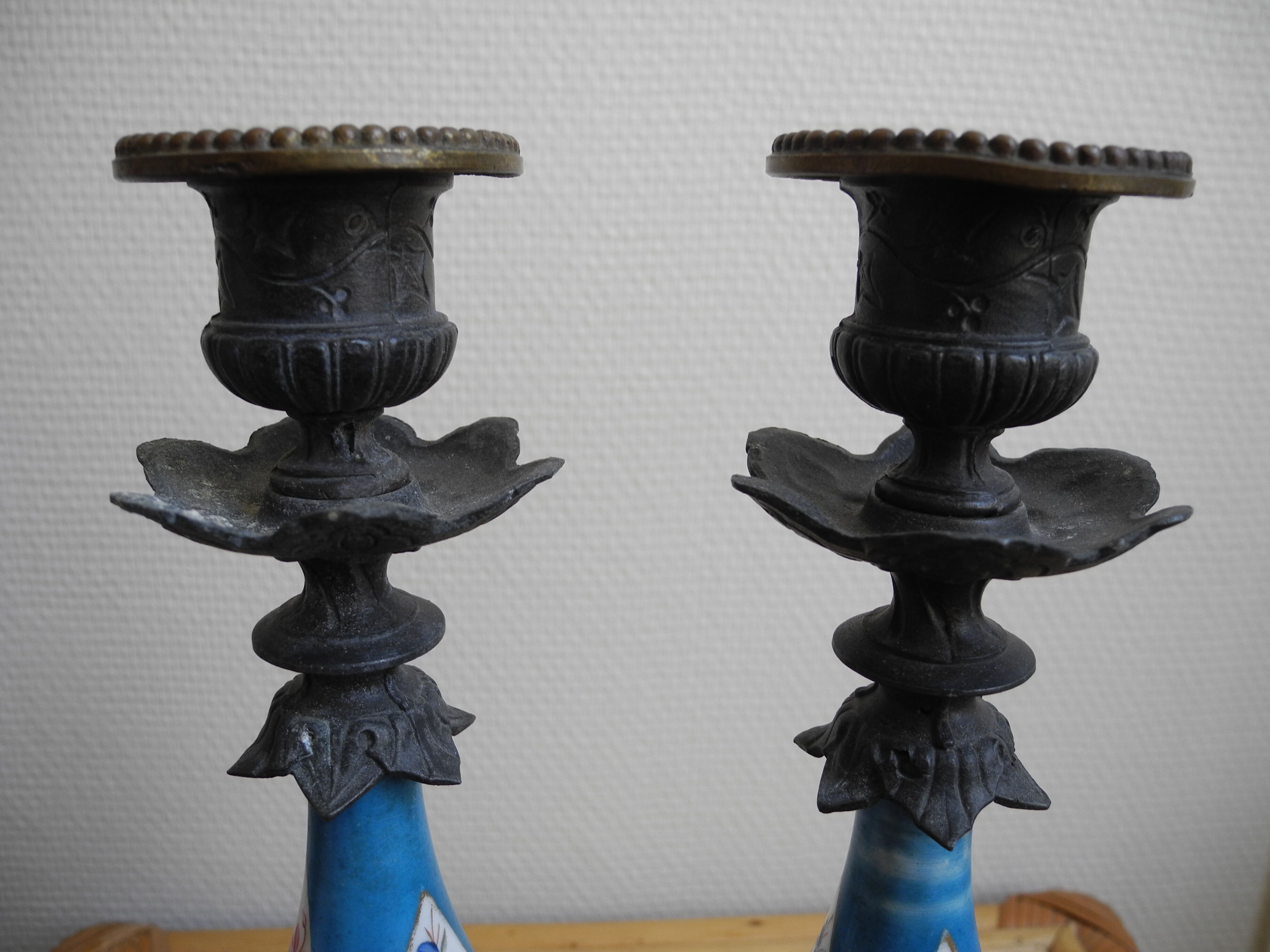 pair old candlesticks tin porcelain old french candlesticks