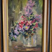 Still Life with Flower Bouquet Oil on Canvas Wooden Frame