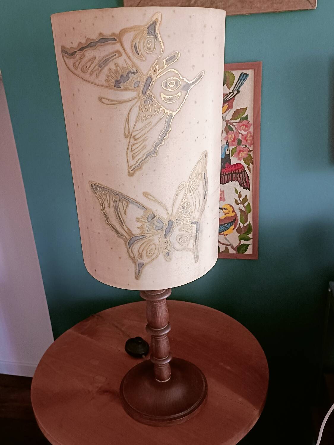 Turned wood lamp and silk lampshade