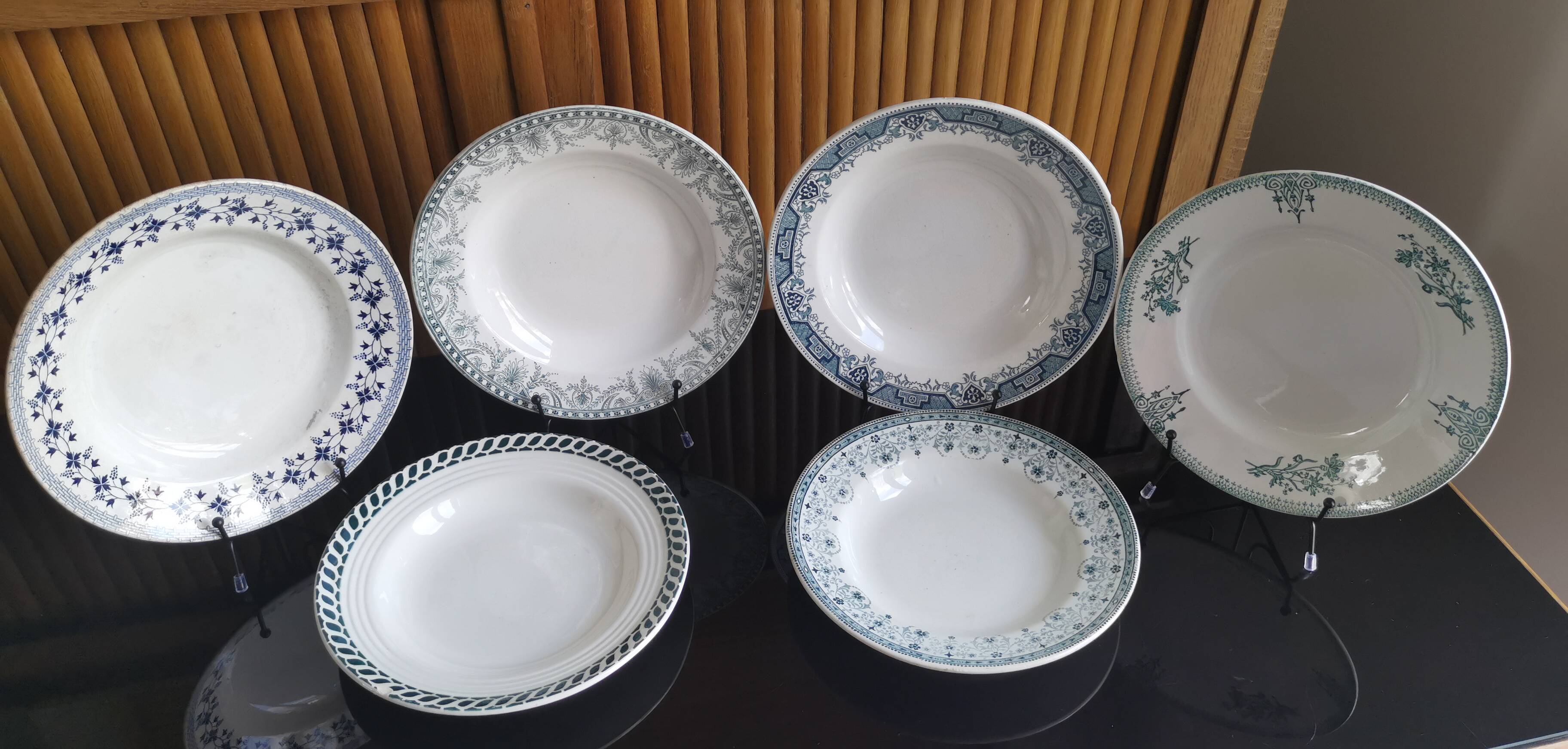 6 old mismatched deep plates Terre de Fer, glass and blue colors