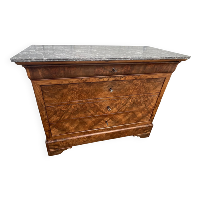 Commode Louis-Philippe en ronce de noyer, marbre Saint-Anne, milieu 19ème