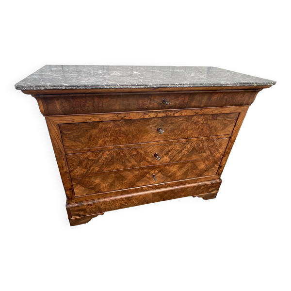 Commode Louis-Philippe en ronce de noyer, marbre Saint-Anne, milieu 19ème