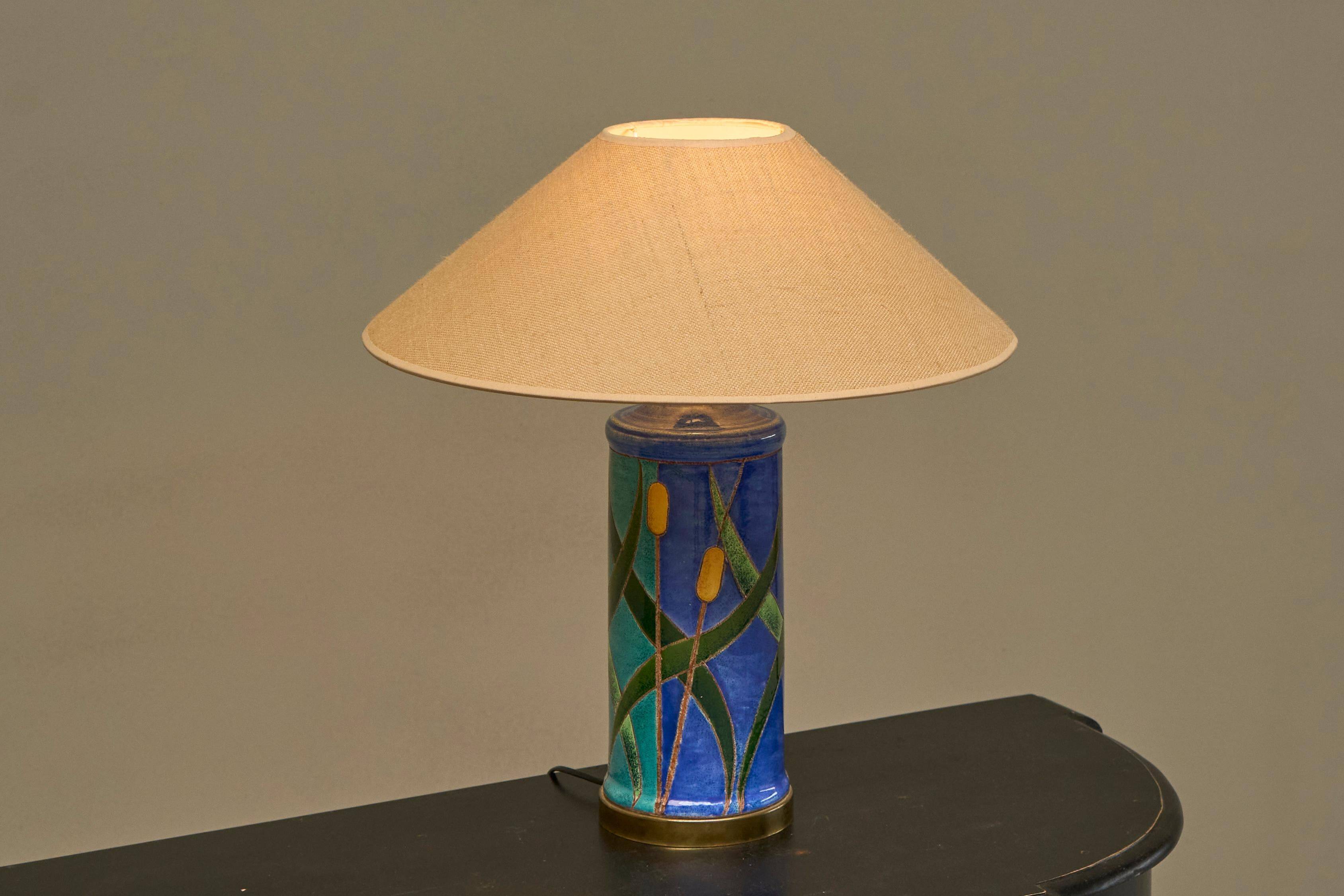 'Reed' table lamp in pottery and brass, mid-century style, 1960.