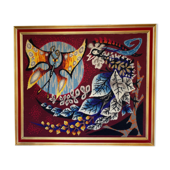 Vintage canvas framed Rooster and Butterfly Jean Lurçat
