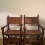 2 fauteuils colonials cuir et noyer
