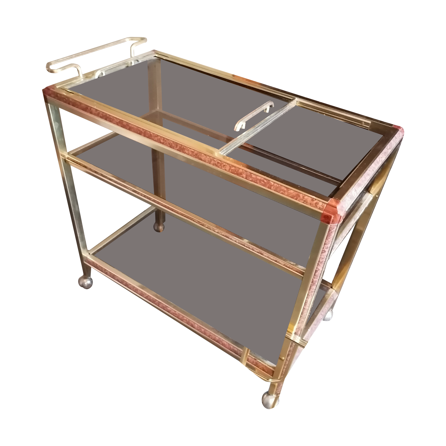 Desserte laiton verre fumé bar roulettes Selency