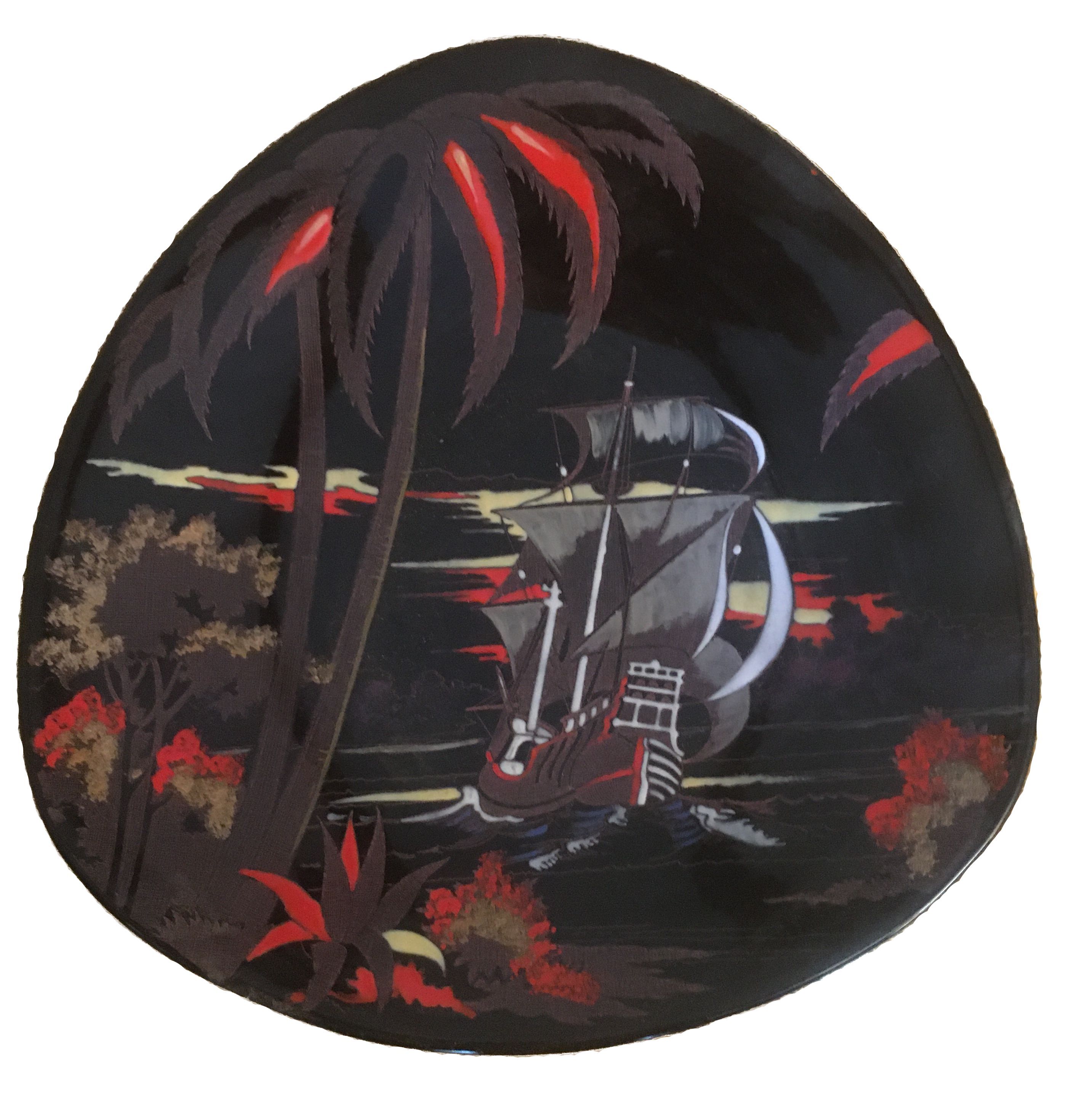 Fruit dish Longwy earthenware black enamel Caribbean pattern