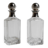 Set of 2 vintage glass carafes with silver-plated ball stoppers, Art Deco style, Italy, 1950s.