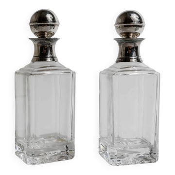 Lot de 2 carafes vintage en verre avec bouchons boule en métal argenté, style Art déco, Italie, années 1950