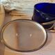 Silver-plated metal and blue glass biscuit jar