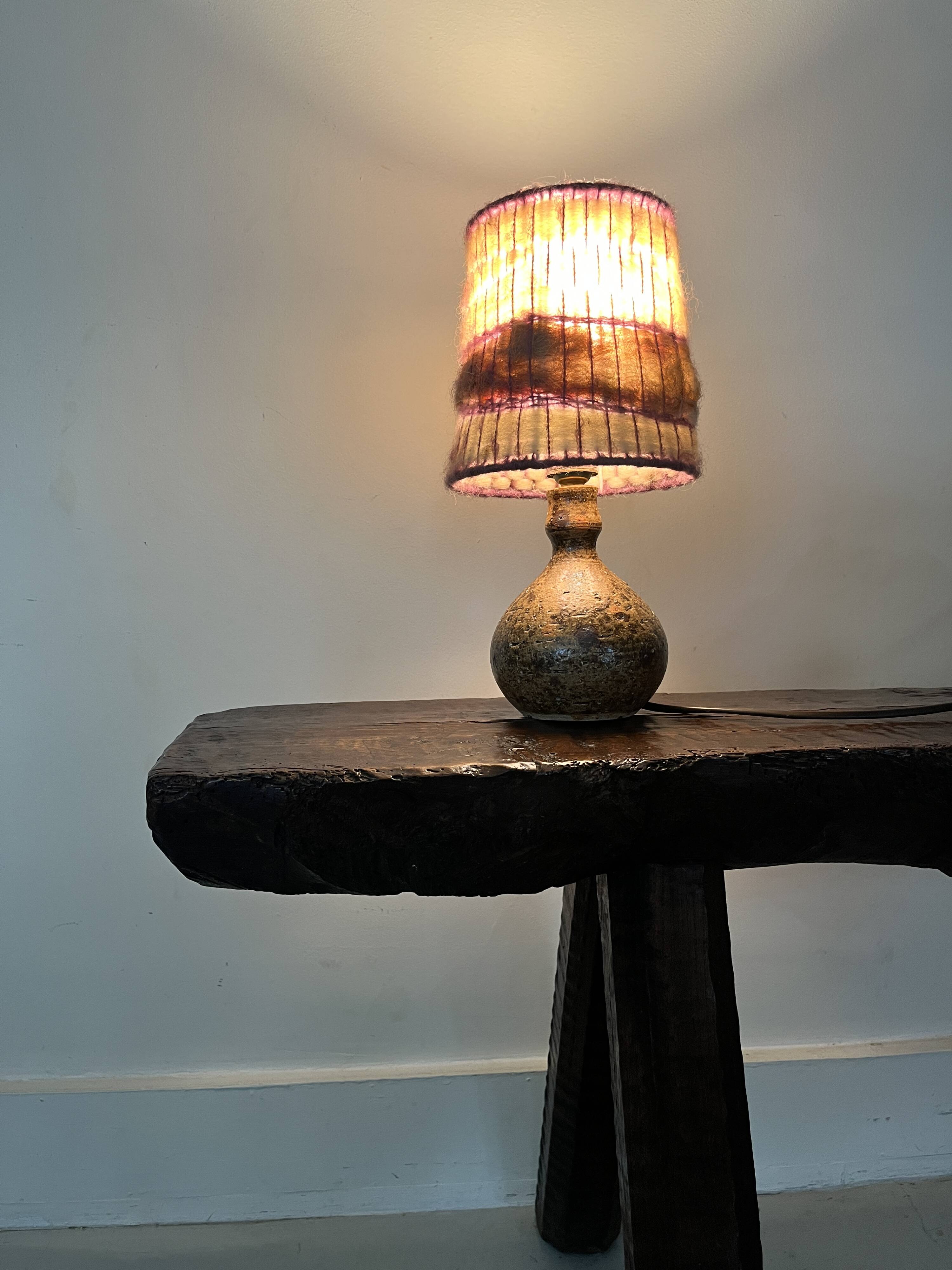 vintage lamp in pyrite sandstone and wool lampshade, La borne 1970