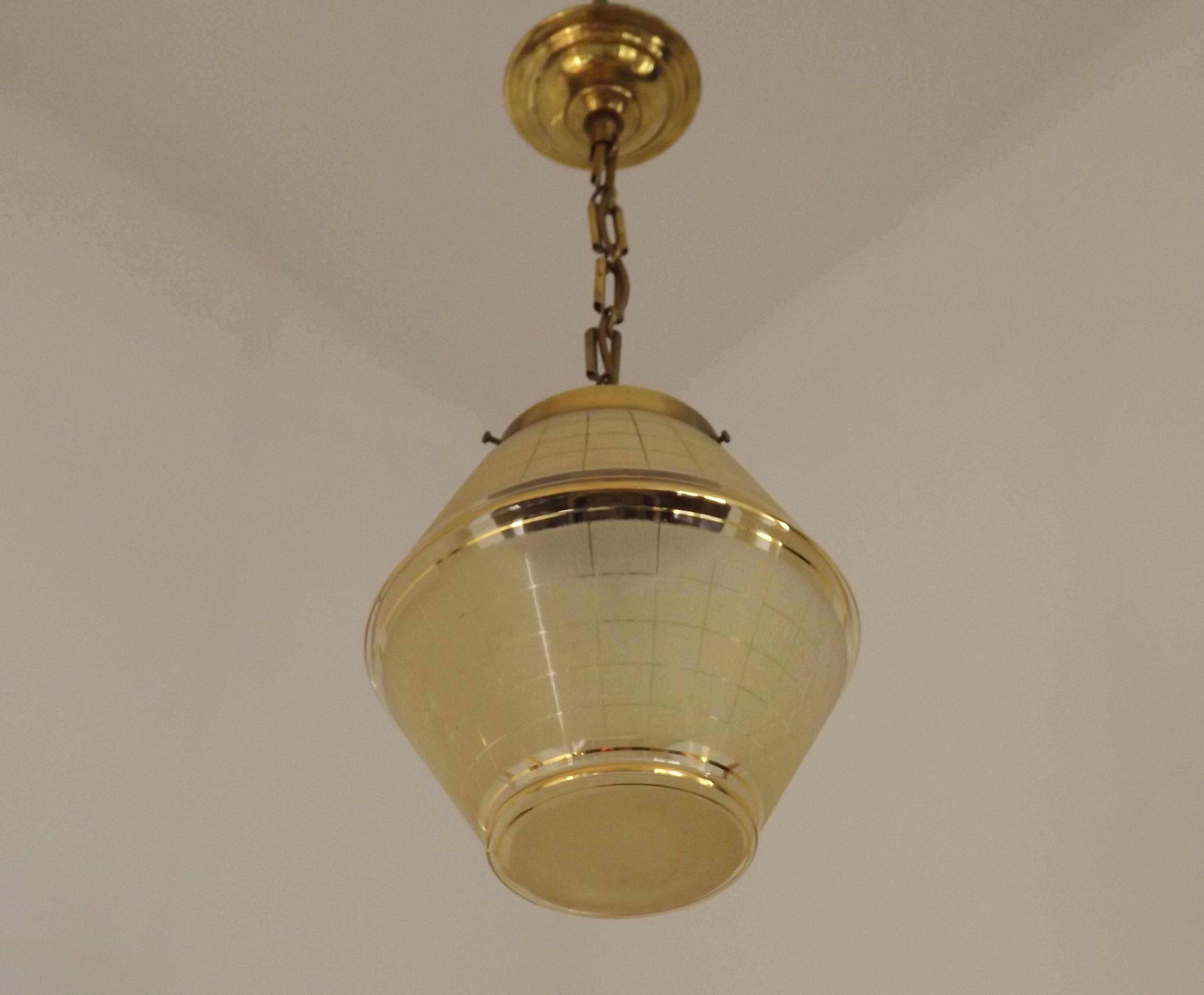 Art Deco ceiling light in yellow and gold glass and brass, France
