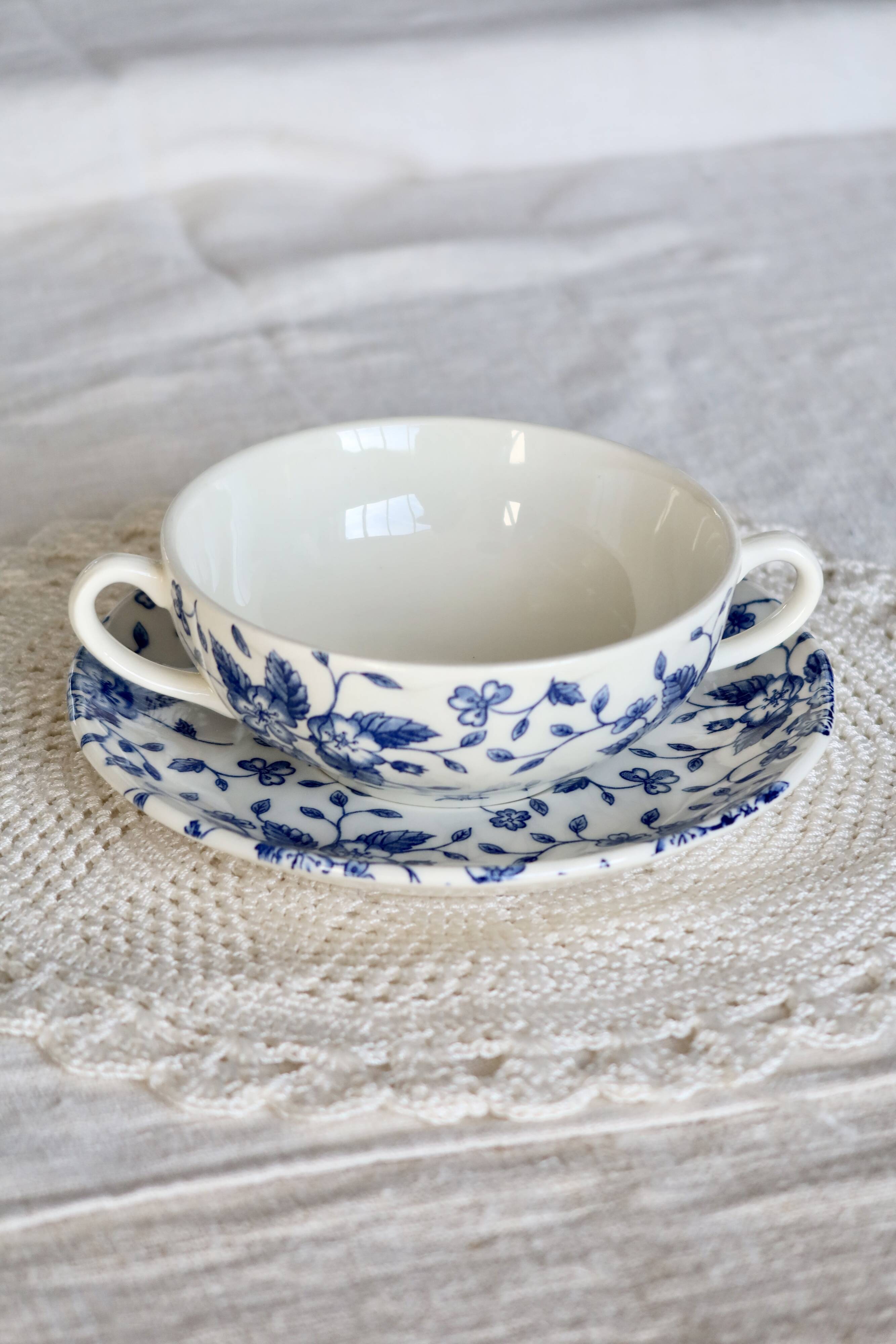 Vintage double-handled cup & saucer – Royal Tudor “Bouquet” blue