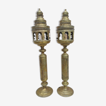 Pairs of ancient oriental brass lanterns