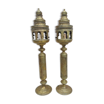 Pairs of ancient oriental brass lanterns