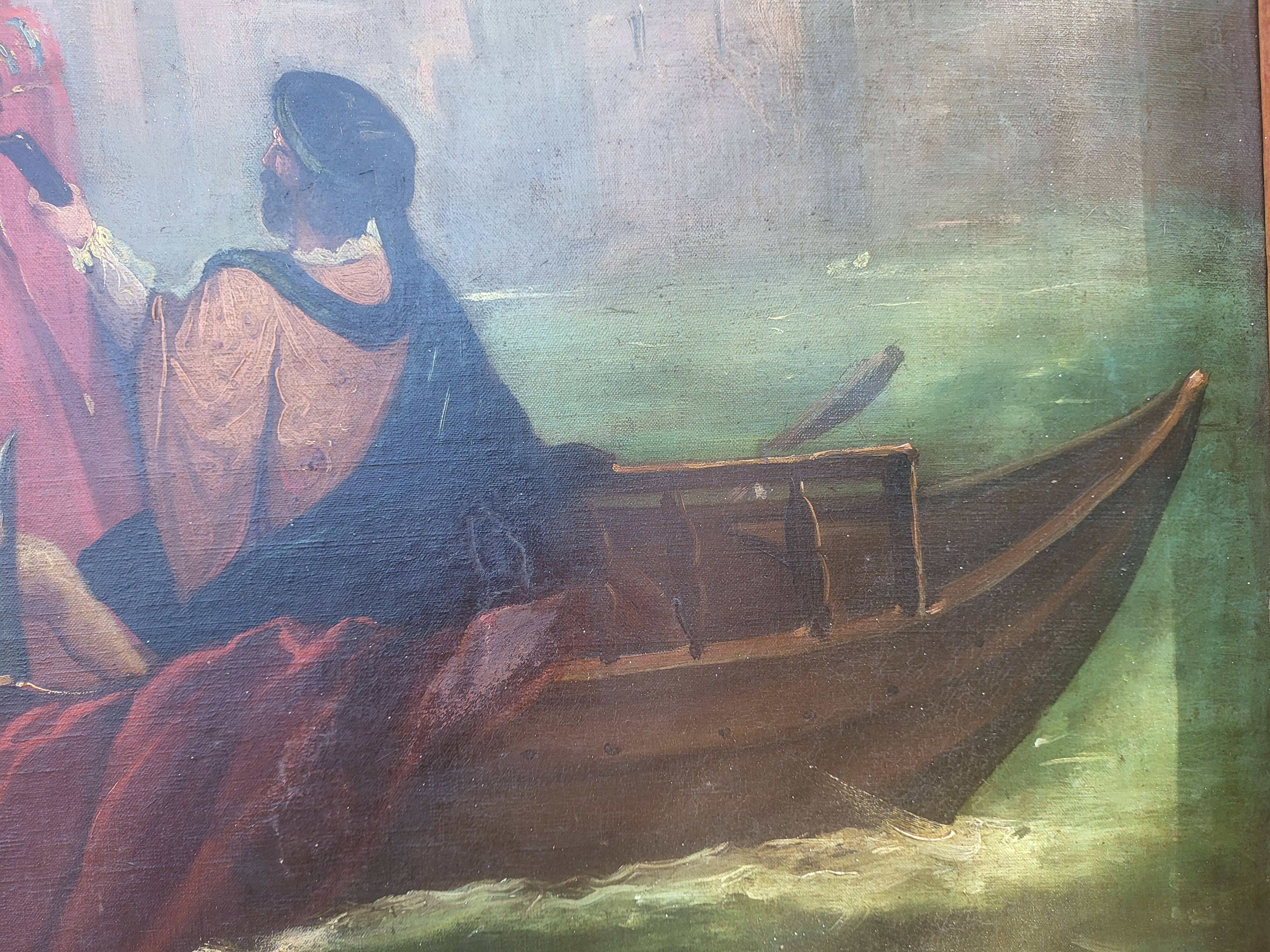 Large old romantic painting – Venetian scene in a gondola – Oil on canvas