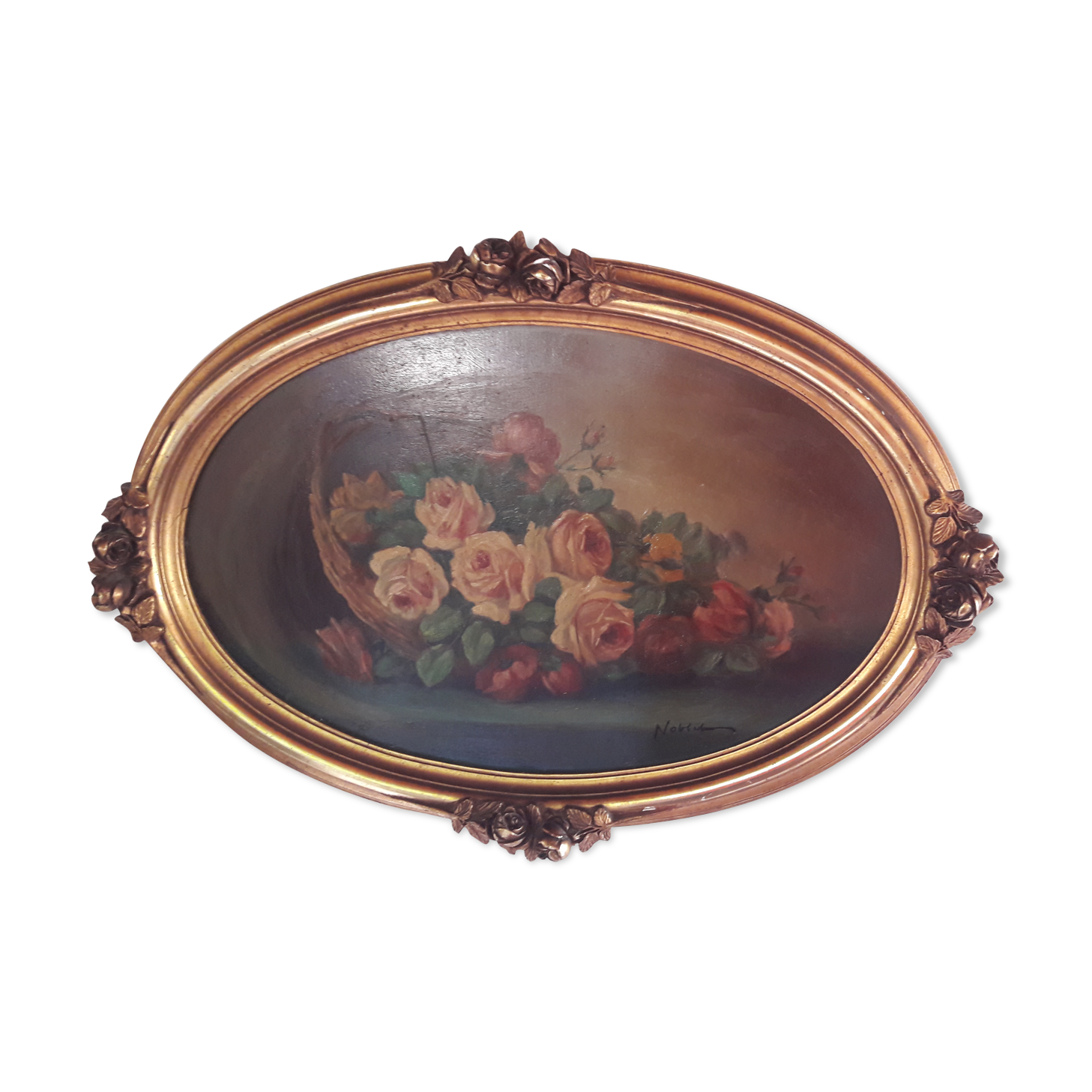 Painting old oil painting pattern Roses frame gilded wood