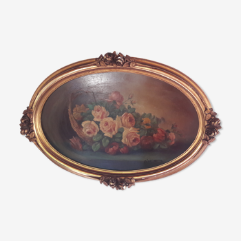 Tableau ancien peinture huile motif Roses cadre bois doré