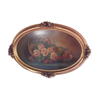 Painting old oil painting pattern Roses frame gilded wood