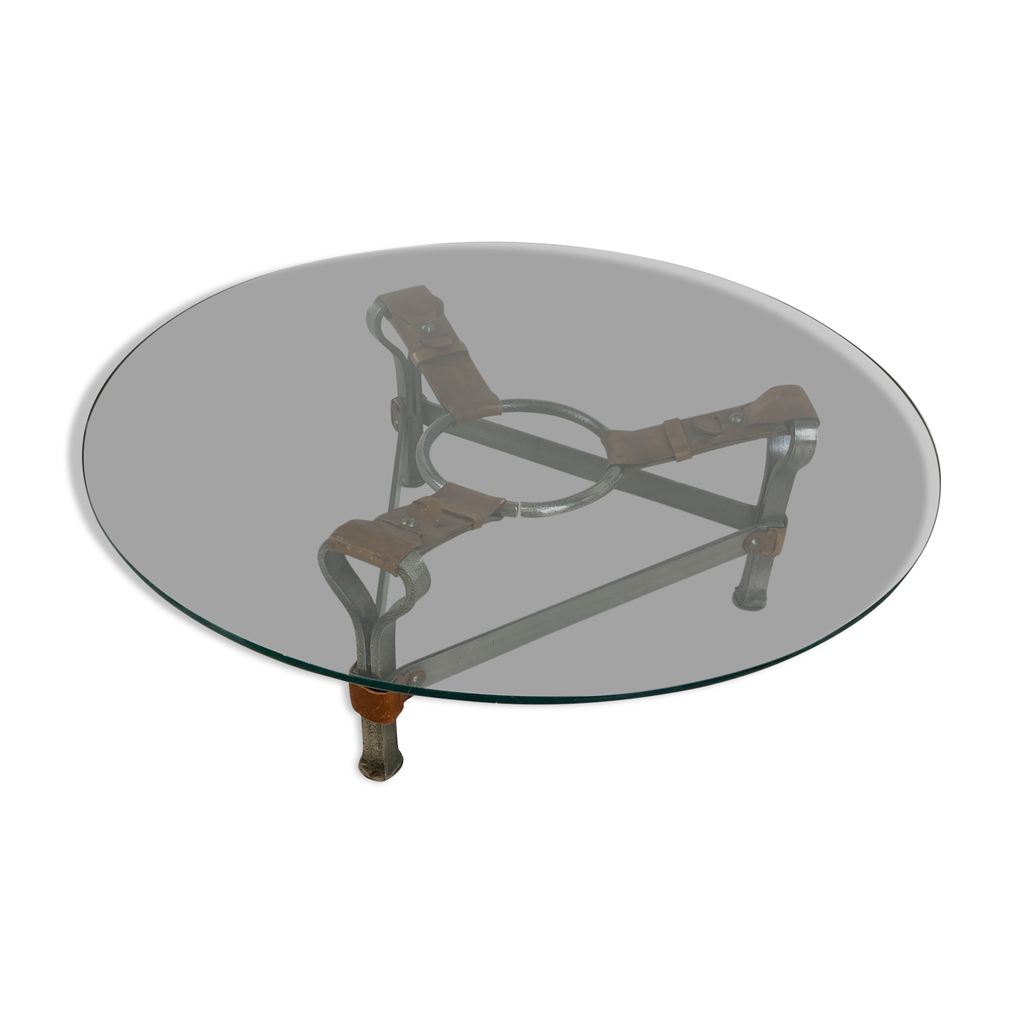 Mid century iron and leather coffee table, 1950s