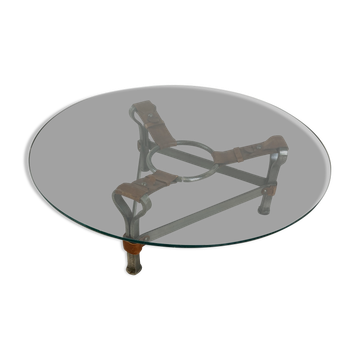 Table basse en fer et cuir, années 1950