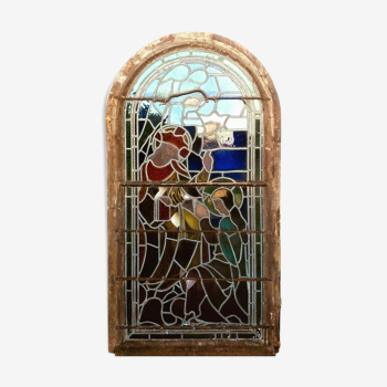 Panneau en vitrail representant un couronnement XIX siècle