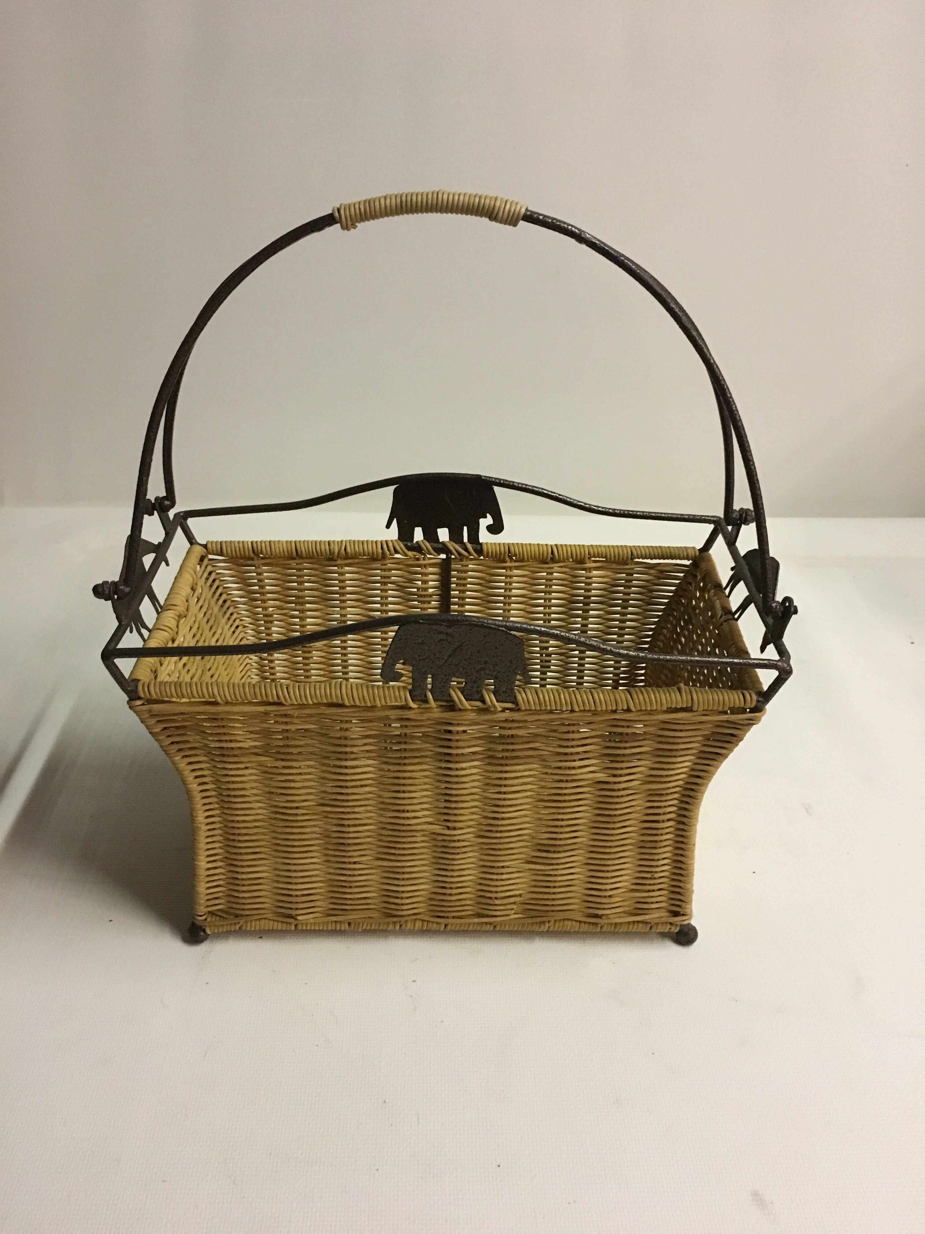 70s metal and rattan magazine rack