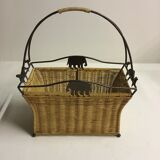 70s metal and rattan magazine rack