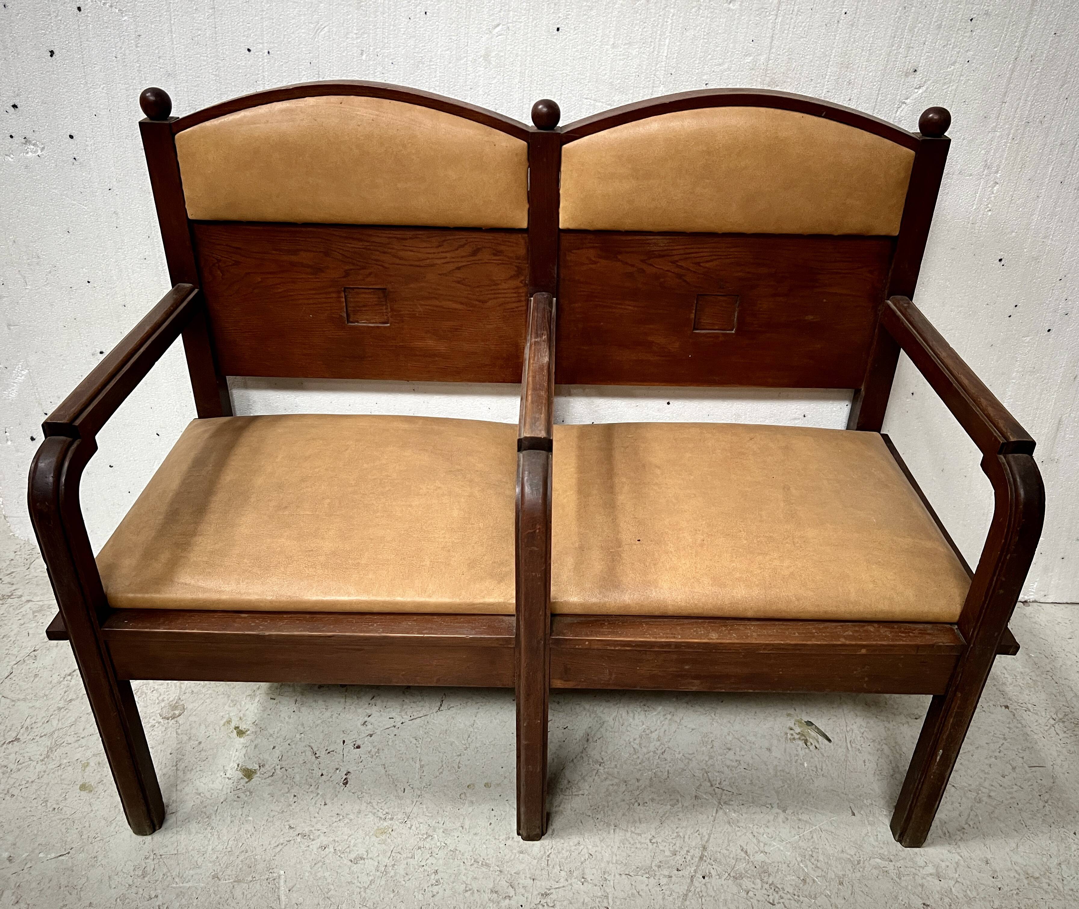 Art Deco two-seater bench in solid mahogany, 20th century.