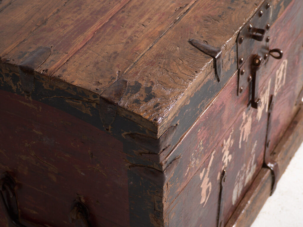 Antique iron-reinforced pine wood chest – China, circa 1900