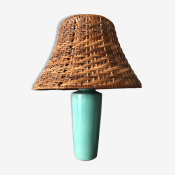 Enamelled ceramic lamp and rattan