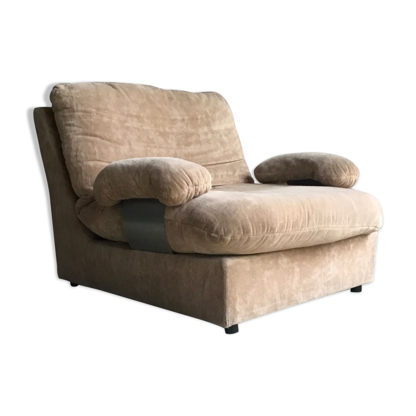 Fauteuil space age en velours beigen accoudoirs inox 1970