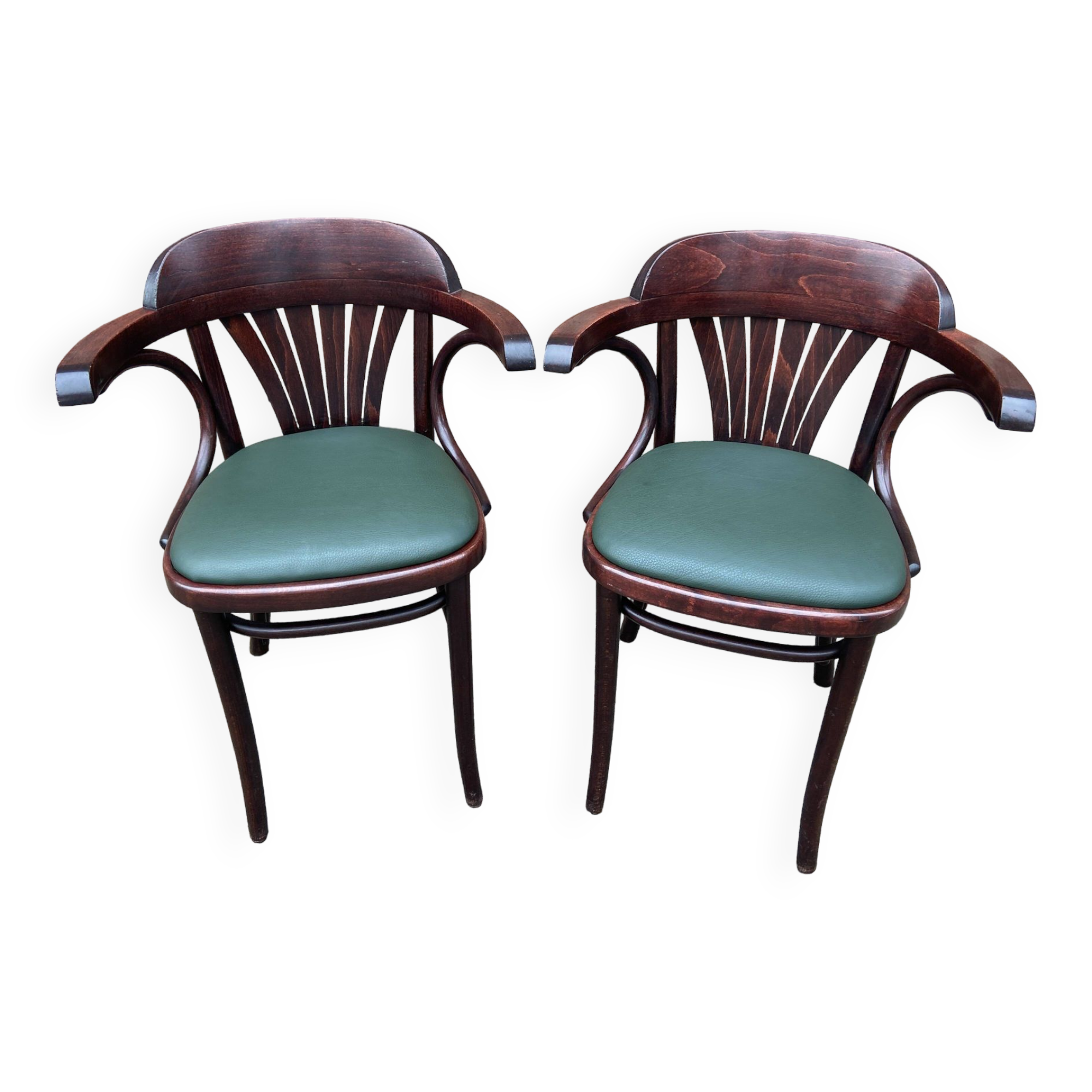 Pair of vintage 80s curved wood restaurant armchairs