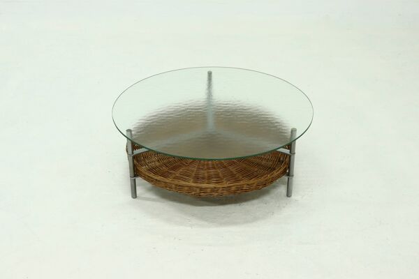 Table basse ronde en rotin, en verre et métal, années 1960