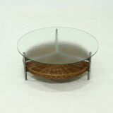 Round Coffee table with Rattan Magazine Rack and Glass Top 1960s