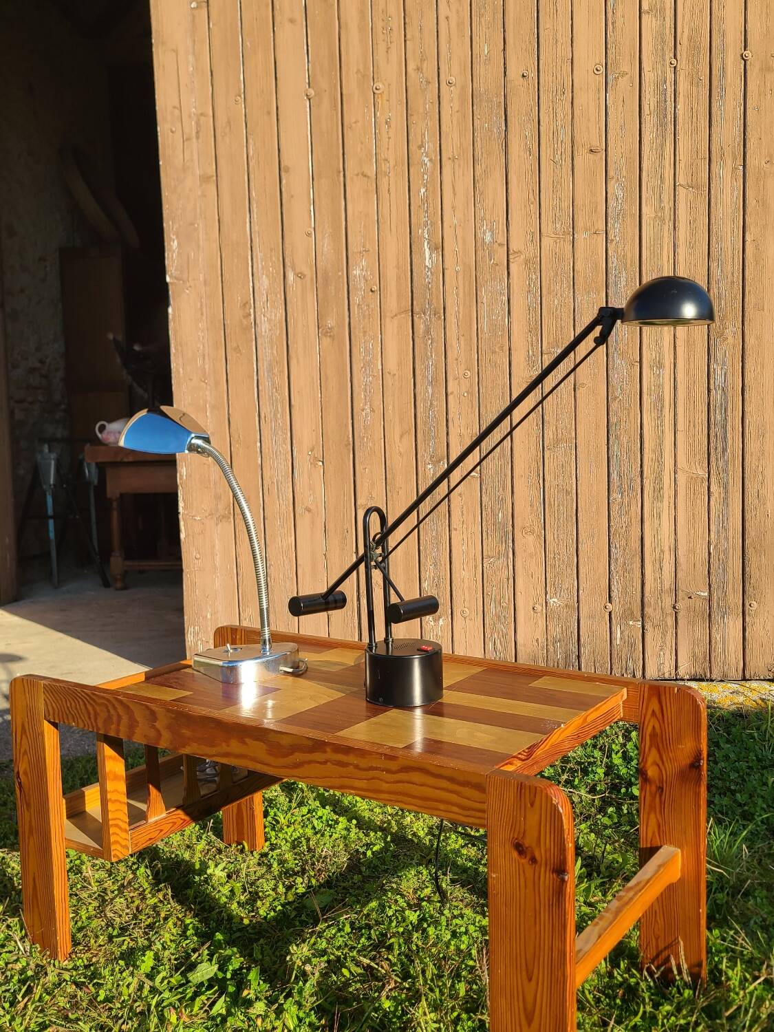 Pine coffee table, 1970s marquetry top, vinyl record rack.