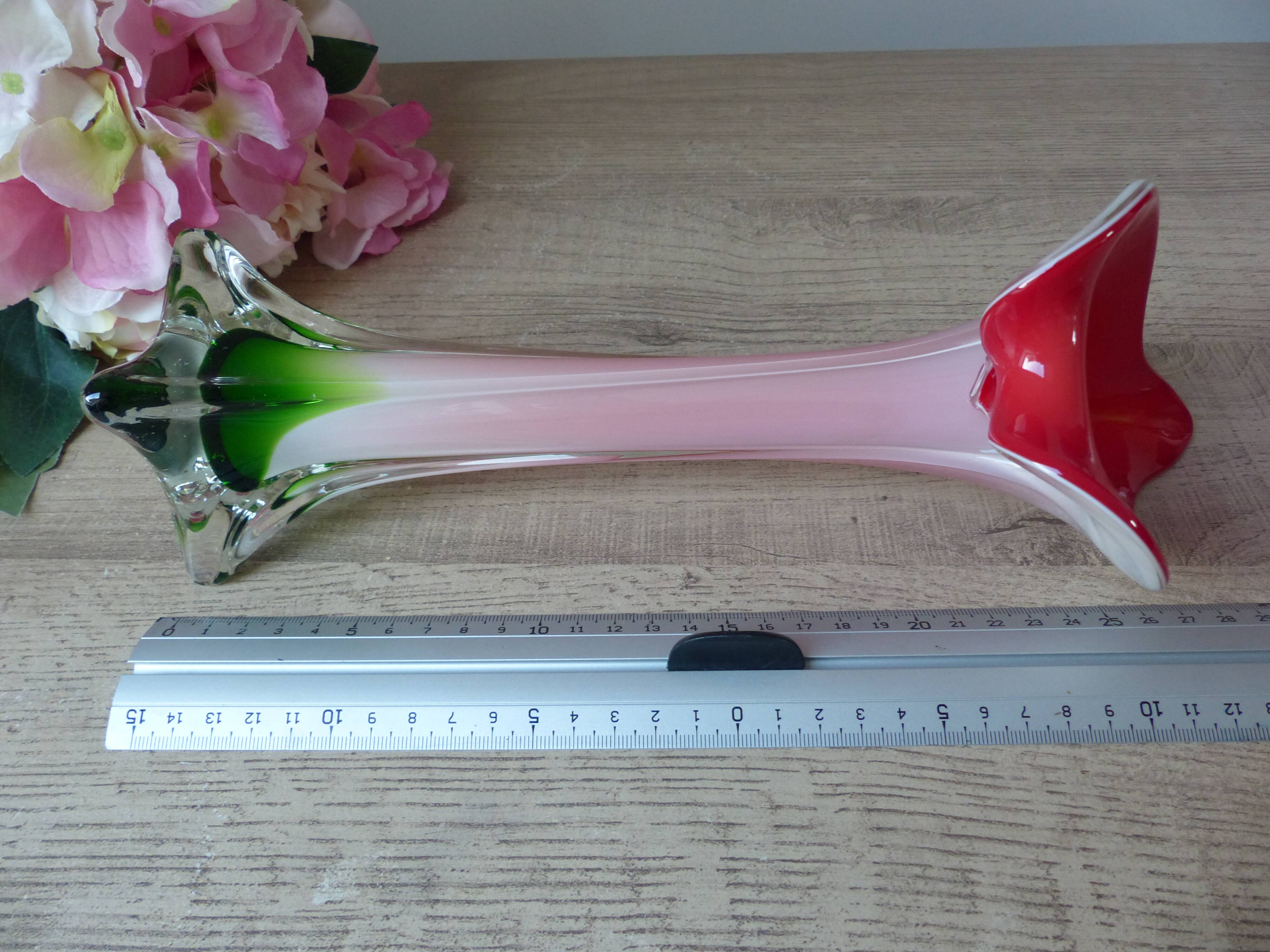 Vintage coloured blown glass vase in the shape of a calla lily.