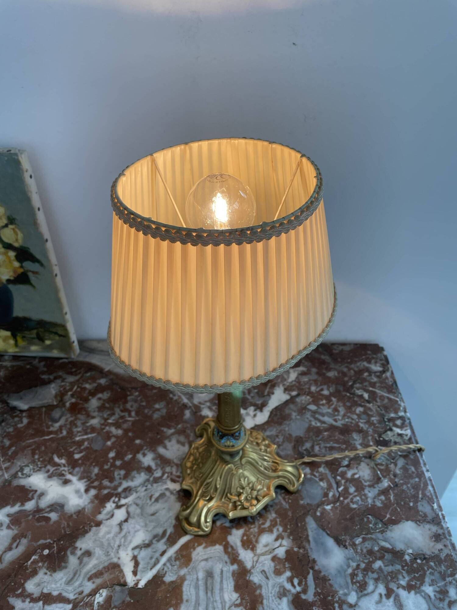 Antique, lamp, bronze, candle holder, gold, cloisonné enamel, ecru white lampshade, flower decor, leaf