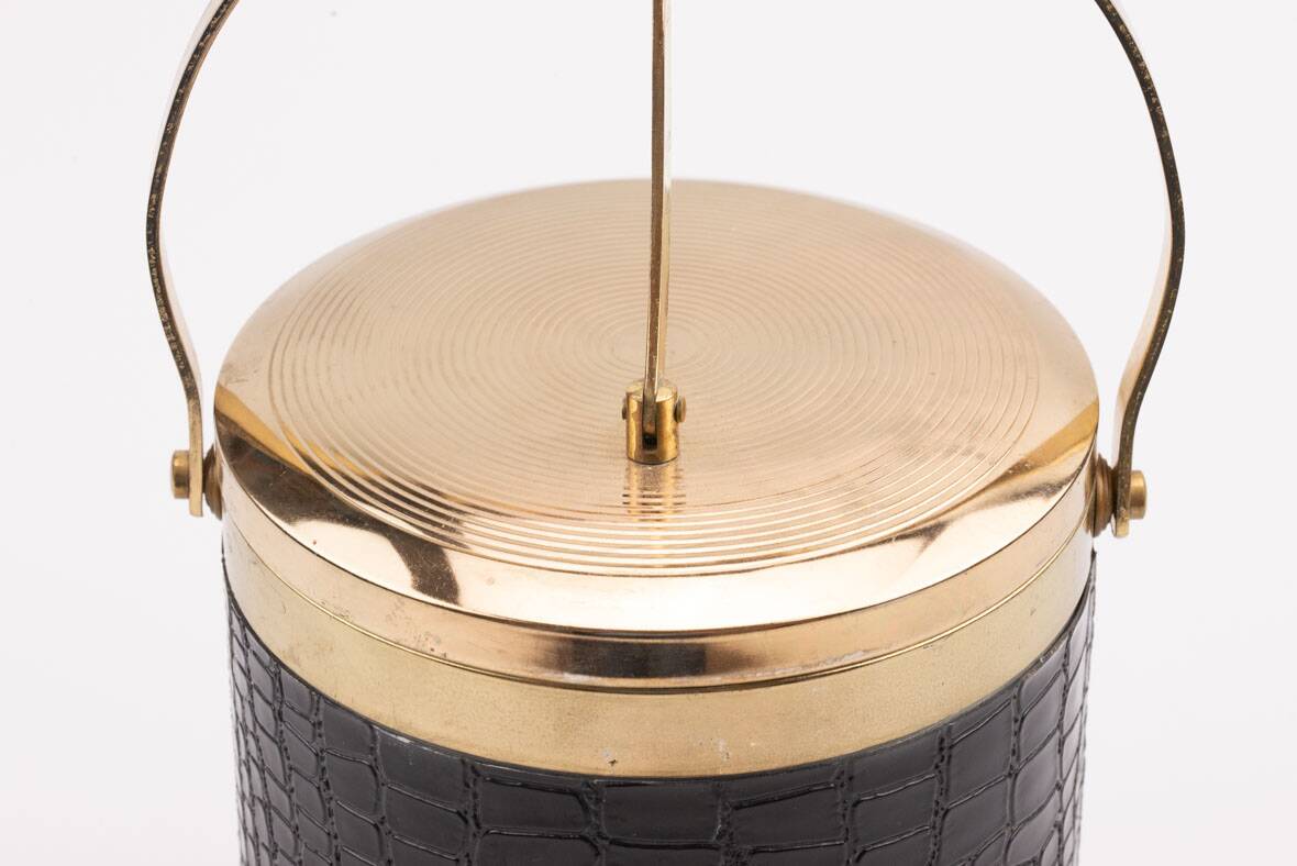 Vintage 1970s ice bucket - Black crocodile effect faux leather
