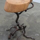Brutalist artisanal wrought iron and slab wood side table
