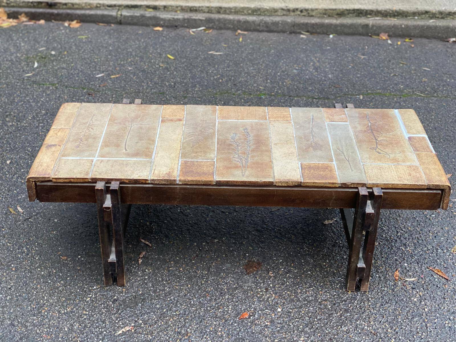 Vintage rectangular coffee table by Roger Capron, ceramic and herbarium design, 120cm